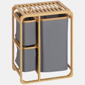 HOMCOM Cesto para Roupa Suja de Bambu Cesto de Roupa com 3 Bolsas de Tecido Amovíveis e Prateleira Aberta para Casa de Banho Dormitório 50x32x69,7cm Cinza e Madeira