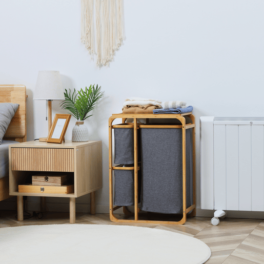 HOMCOM Cesto para Roupa Suja de Bambu Cesto de Roupa com 3 Bolsas de Tecido Amovíveis e Prateleira Aberta para Casa de Banho Dormitório 50x32x69,7cm Cinza e Madeira