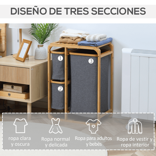 HOMCOM Cesto para Roupa Suja de Bambu Cesto de Roupa com 3 Bolsas de Tecido Amovíveis e Prateleira Aberta para Casa de Banho Dormitório 50x32x69,7cm Cinza e Madeira