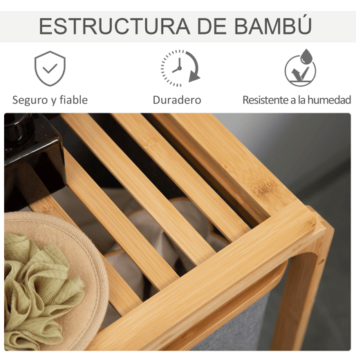HOMCOM Cesto para Roupa Suja de Bambu Cesto de Roupa com 3 Bolsas de Tecido Amovíveis e Prateleira Aberta para Casa de Banho Dormitório 50x32x69,7cm Cinza e Madeira