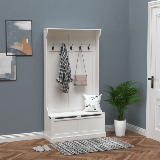 HOMCOM Móvel Cabide de Entrada com Banco Armário de Entrada com Cabide 5 Ganchos e Espaço de Armazenamento 96x34x179,7cm Marfim