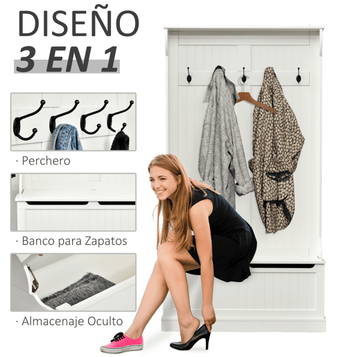 HOMCOM Móvel Cabide de Entrada com Banco Armário de Entrada com Cabide 5 Ganchos e Espaço de Armazenamento 96x34x179,7cm Marfim