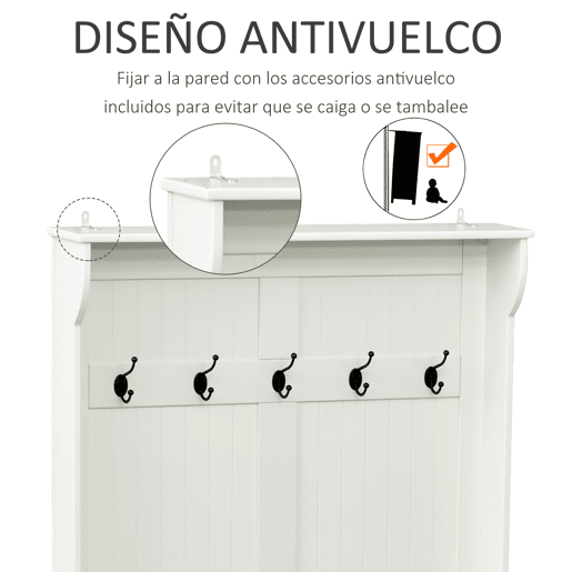 HOMCOM Móvel Cabide de Entrada com Banco Armário de Entrada com Cabide 5 Ganchos e Espaço de Armazenamento 96x34x179,7cm Marfim
