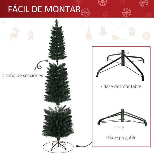 HOMCOM Árvore de Natal Artificial Altura 180cm com 380 Ramos de Folhas de PVC Ignífugos Base Dobrável e Suporte Metálico Decoração de Natal para Interiores Ø56x180cm Verde