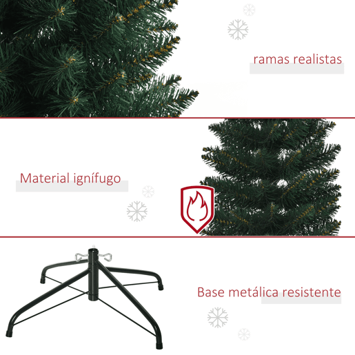 HOMCOM Árvore de Natal Artificial Altura 180cm com 380 Ramos de Folhas de PVC Ignífugos Base Dobrável e Suporte Metálico Decoração de Natal para Interiores Ø56x180cm Verde