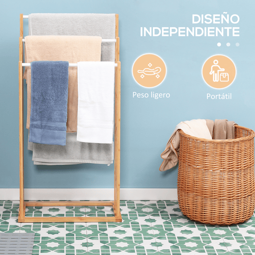 HOMCOM Toalheiro de Pé de Bambu com 3 Barras Toalheiro Independente de 3 Níveis para Casa de Banho 48x25,8x94cm Madeira