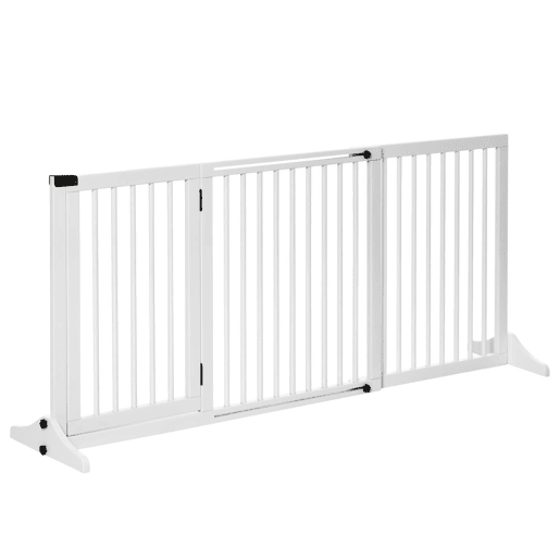 PawHut Barreira de Segurança Extensível para Cães Grade de Proteção para Escadas e Portas 113-166cm 3 Peças com Estrutura de Madeira e Suporte de Pé 113-166x36x71cm Branco