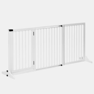 PawHut Barreira de Segurança Extensível para Cães Grade de Proteção para Escadas e Portas 113-166cm 3 Peças com Estrutura de Madeira e Suporte de Pé 113-166x36x71cm Branco