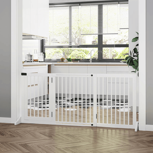 PawHut Barreira de Segurança Extensível para Cães Grade de Proteção para Escadas e Portas 113-166cm 3 Peças com Estrutura de Madeira e Suporte de Pé 113-166x36x71cm Branco