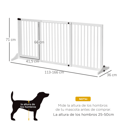 PawHut Barreira de Segurança Extensível para Cães Grade de Proteção para Escadas e Portas 113-166cm 3 Peças com Estrutura de Madeira e Suporte de Pé 113-166x36x71cm Branco