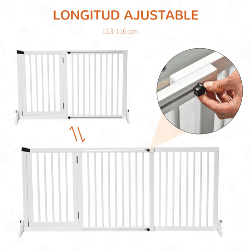 PawHut Barreira de Segurança Extensível para Cães Grade de Proteção para Escadas e Portas 113-166cm 3 Peças com Estrutura de Madeira e Suporte de Pé 113-166x36x71cm Branco
