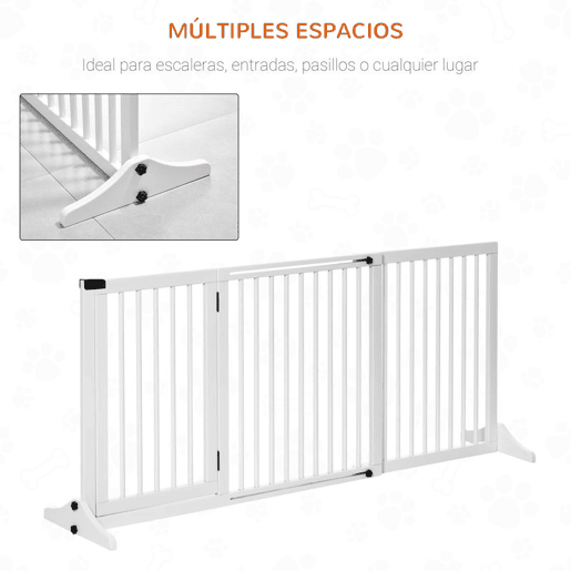 PawHut Barreira de Segurança Extensível para Cães Grade de Proteção para Escadas e Portas 113-166cm 3 Peças com Estrutura de Madeira e Suporte de Pé 113-166x36x71cm Branco
