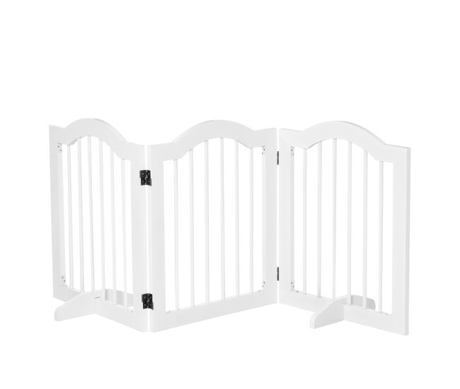 Pawhut barrera de seguridad plegable para perros pequeños rejilla de protección de 3 paneles con patas para mascotas para escaleras pasillos 154,5x29,5x61 cm blanco