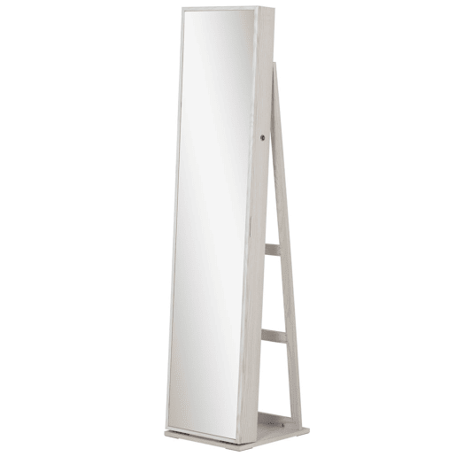 HOMCOM Espelho-Joalheiro de Pé com Luzes LED e Fecho u2014 Armário de Joias com Espelho Integrado para Quarto, Branco com Veio de Madeira e Forro Preto
