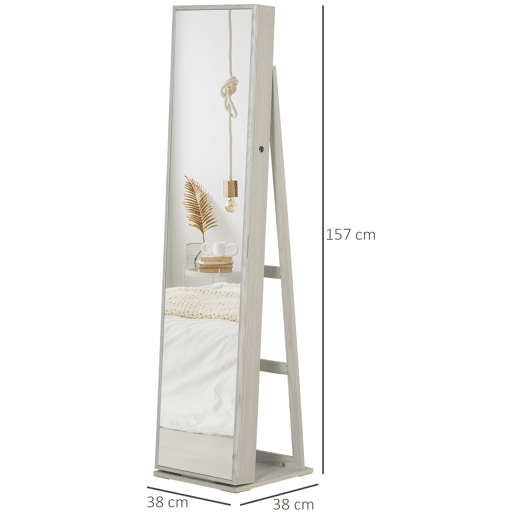 HOMCOM Espelho-Joalheiro de Pé com Luzes LED e Fecho u2014 Armário de Joias com Espelho Integrado para Quarto, Branco com Veio de Madeira e Forro Preto