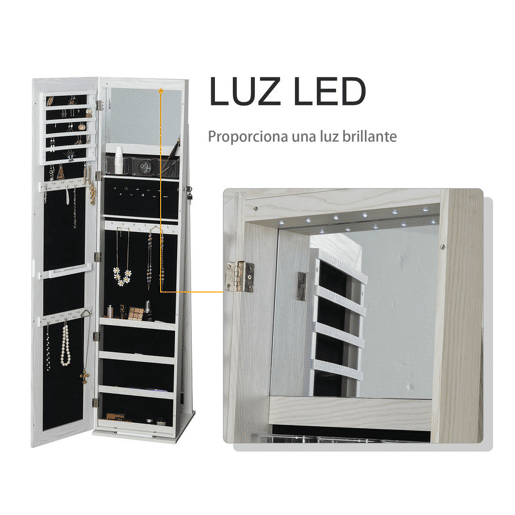 HOMCOM Espelho-Joalheiro de Pé com Luzes LED e Fecho u2014 Armário de Joias com Espelho Integrado para Quarto, Branco com Veio de Madeira e Forro Preto