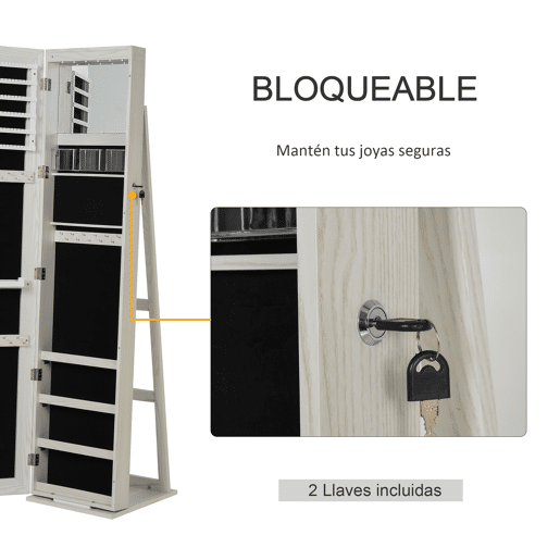 HOMCOM Espelho-Joalheiro de Pé com Luzes LED e Fecho u2014 Armário de Joias com Espelho Integrado para Quarto, Branco com Veio de Madeira e Forro Preto