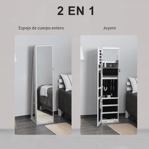 HOMCOM Espelho-Joalheiro de Pé com Luzes LED e Fecho u2014 Armário de Joias com Espelho Integrado para Quarto, Branco com Veio de Madeira e Forro Preto