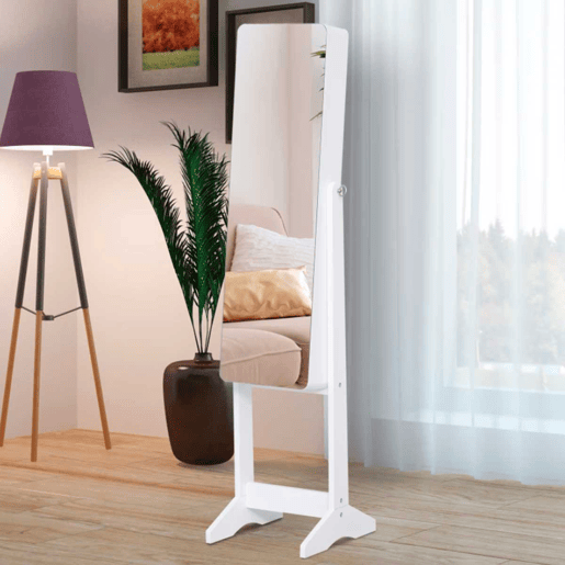 HOMCOM Guarda-Joias de Pé, com Espelho, Armário para Joias Luzes LED de luz Reclinável Guarda-Joias Anéis Brincos Colares Madeira 30x36x146cm Branco