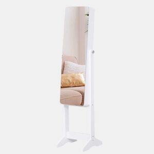 HOMCOM Guarda-Joias de Pé, com Espelho, Armário para Joias Luzes LED de luz Reclinável Guarda-Joias Anéis Brincos Colares Madeira 30x36x146cm Branco