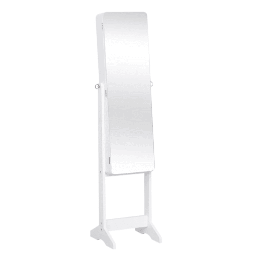 HOMCOM Guarda-Joias de Pé, com Espelho, Armário para Joias Luzes LED de luz Reclinável Guarda-Joias Anéis Brincos Colares Madeira 30x36x146cm Branco