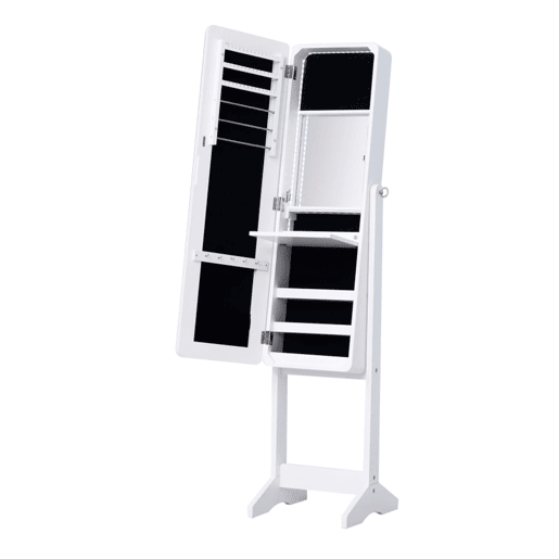 HOMCOM Guarda-Joias de Pé, com Espelho, Armário para Joias Luzes LED de luz Reclinável Guarda-Joias Anéis Brincos Colares Madeira 30x36x146cm Branco