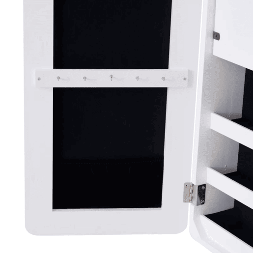 HOMCOM Guarda-Joias de Pé, com Espelho, Armário para Joias Luzes LED de luz Reclinável Guarda-Joias Anéis Brincos Colares Madeira 30x36x146cm Branco