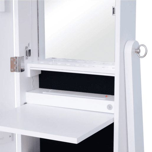 HOMCOM Guarda-Joias de Pé, com Espelho, Armário para Joias Luzes LED de luz Reclinável Guarda-Joias Anéis Brincos Colares Madeira 30x36x146cm Branco