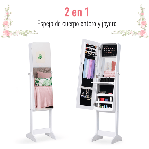 HOMCOM Guarda-Joias de Pé, com Espelho, Armário para Joias Luzes LED de luz Reclinável Guarda-Joias Anéis Brincos Colares Madeira 30x36x146cm Branco