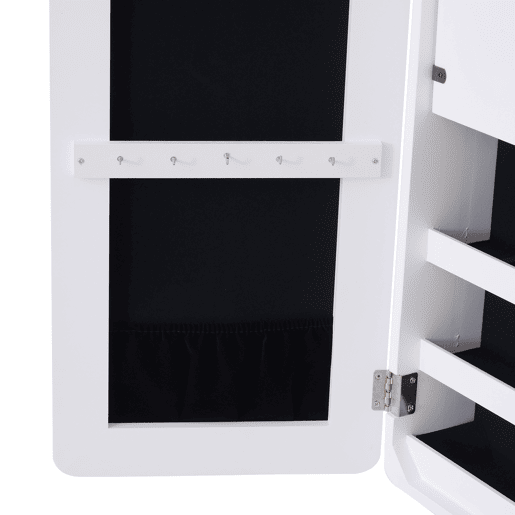 HOMCOM Guarda-Joias de Pé, com Espelho, Armário para Joias Luzes LED de luz Reclinável Guarda-Joias Anéis Brincos Colares Madeira 30x36x146cm Branco