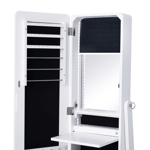 HOMCOM Guarda-Joias de Pé, com Espelho, Armário para Joias Luzes LED de luz Reclinável Guarda-Joias Anéis Brincos Colares Madeira 30x36x146cm Branco