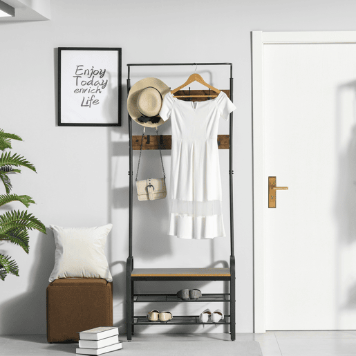 HOMCOM Móvel Cabide de Entrada com 8 Ganchos e Sapateira Armário de Entrada com Cabides 72x34x185cm Marrom Rústico e Preto