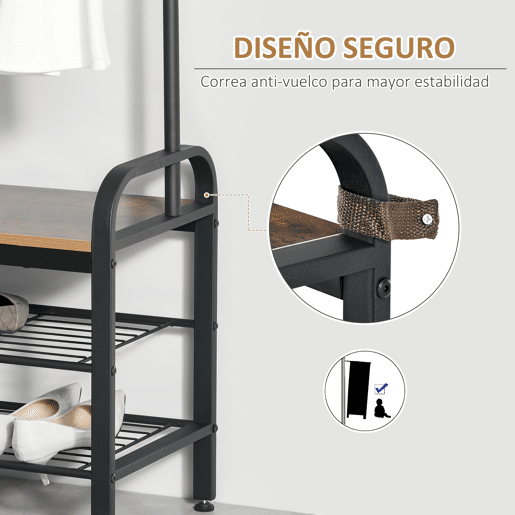 HOMCOM Móvel Cabide de Entrada com 8 Ganchos e Sapateira Armário de Entrada com Cabides 72x34x185cm Marrom Rústico e Preto