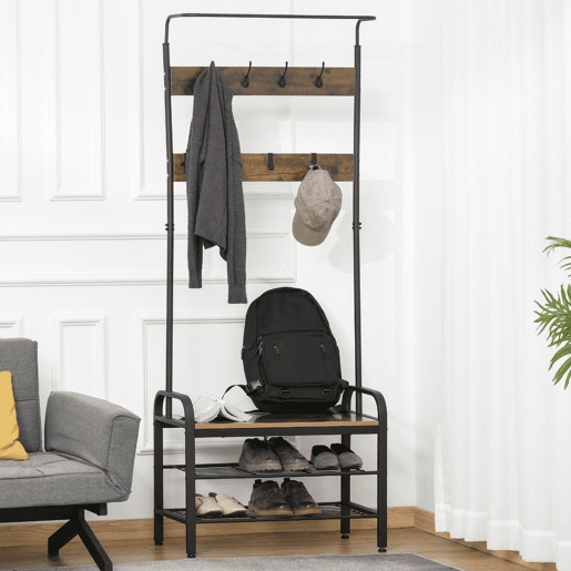 HOMCOM Móvel Cabide de Entrada com 8 Ganchos e Sapateira Armário de Entrada com Cabides 72x34x185cm Marrom Rústico e Preto