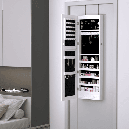 HOMCOM Espelho Porta-Joias de Parede ou Porta com 6 Luzes LED, 5 Prateleiras, 2 Gavetas Pequenas e Fecho u2013 Armário com Espelho para Quarto, 37x120x10 cm, Branco