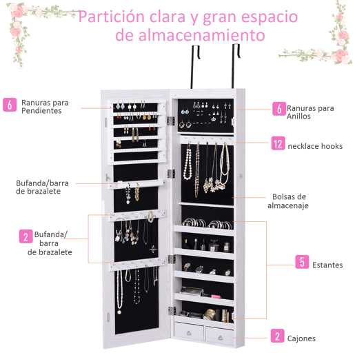 HOMCOM Espelho Porta-Joias de Parede ou Porta com 6 Luzes LED, 5 Prateleiras, 2 Gavetas Pequenas e Fecho u2013 Armário com Espelho para Quarto, 37x120x10 cm, Branco