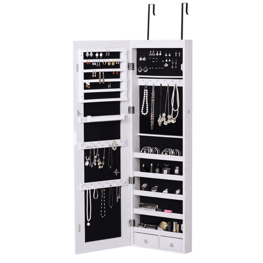 HOMCOM Espelho Porta-Joias de Parede ou Porta com 6 Luzes LED, 5 Prateleiras, 2 Gavetas Pequenas e Fecho u2013 Armário com Espelho para Quarto, 37x120x10 cm, Branco