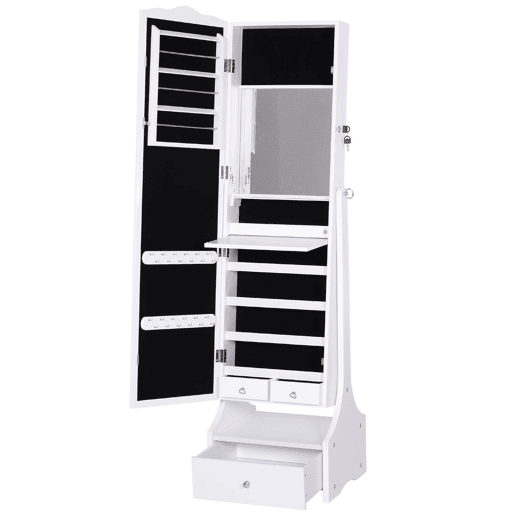 HOMCOM Espelho de joalheiro Armário de joias de pé com luzes LED Gavetas de bloqueio Espelho e dobradiça interior para comédicos 45x36x150cm