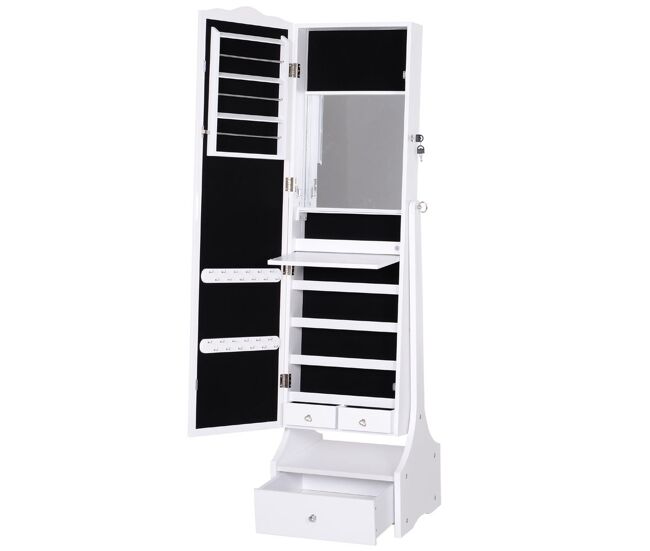 Homcom espejo joyero con luces led, armario para joyas, armario joyero con espejo entero de ángulo ajustable, cajones, mesa interior plegable,