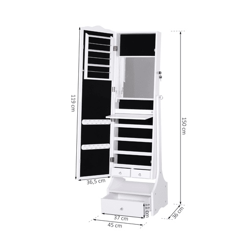 HOMCOM Espelho de joalheiro Armário de joias de pé com luzes LED Gavetas de bloqueio Espelho e dobradiça interior para comédicos 45x36x150cm