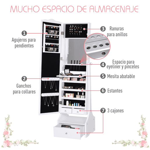 HOMCOM Espelho de joalheiro Armário de joias de pé com luzes LED Gavetas de bloqueio Espelho e dobradiça interior para comédicos 45x36x150cm
