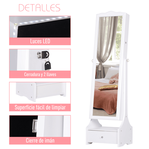 HOMCOM Espelho de joalheiro Armário de joias de pé com luzes LED Gavetas de bloqueio Espelho e dobradiça interior para comédicos 45x36x150cm