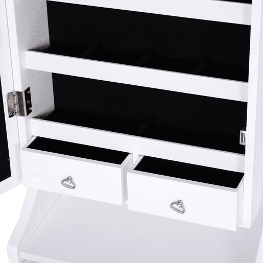 HOMCOM Espelho de joalheiro Armário de joias de pé com luzes LED Gavetas de bloqueio Espelho e dobradiça interior para comédicos 45x36x150cm
