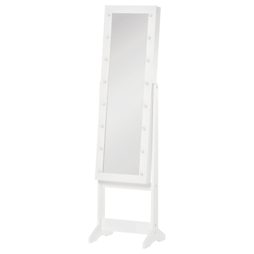 HOMCOM Espelho Joalheiro de Pé Armário de Jóias com 16 Luzes LED e Ângulo Ajustável Organizador de Jóias com Prateleiras Ranhuras para Anéis 36x30x136 cm Branco.
