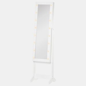 HOMCOM Espelho Joalheiro de Pé Armário de Jóias com 16 Luzes LED e Ângulo Ajustável Organizador de Jóias com Prateleiras Ranhuras para Anéis 36x30x136 cm Branco.
