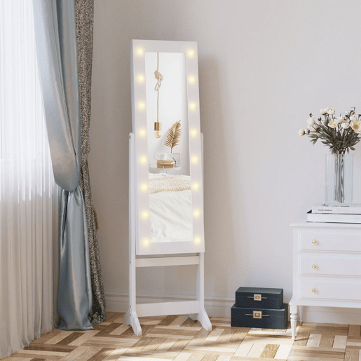 HOMCOM Espelho Joalheiro de Pé Armário de Jóias com 16 Luzes LED e Ângulo Ajustável Organizador de Jóias com Prateleiras Ranhuras para Anéis 36x30x136 cm Branco.