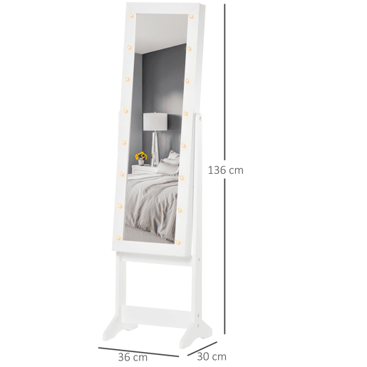 HOMCOM Espelho Joalheiro de Pé Armário de Jóias com 16 Luzes LED e Ângulo Ajustável Organizador de Jóias com Prateleiras Ranhuras para Anéis 36x30x136 cm Branco.