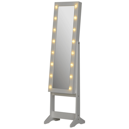 HOMCOM Espelho Joalheiro de Pé Armário de Jóias com 16 Luzes LED e Ângulo Ajustável Organizador de Jóias com Prateleiras Ranhuras para Anéis 36x30x136 cm Branco.