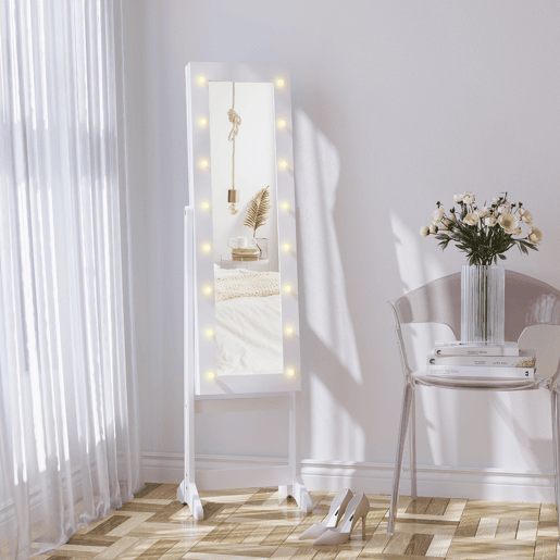 HOMCOM Espelho Joalheiro de Pé Armário de Jóias com 16 Luzes LED e Ângulo Ajustável Organizador de Jóias com Prateleiras Ranhuras para Anéis 36x30x136 cm Branco.