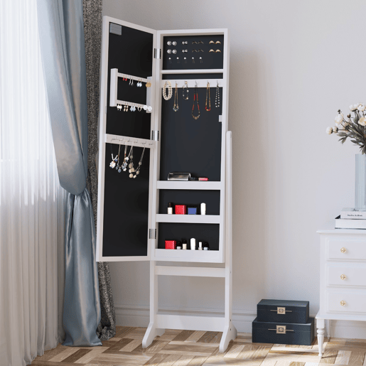 HOMCOM Espelho Joalheiro de Pé Armário de Jóias com 16 Luzes LED e Ângulo Ajustável Organizador de Jóias com Prateleiras Ranhuras para Anéis 36x30x136 cm Branco.